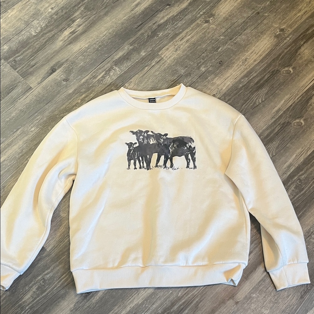 SHEIN Cream Crewneck Sweater with Cow Design